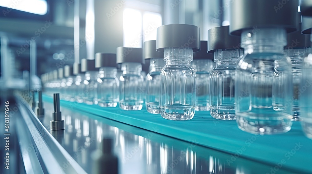 Medical vials drug and vaccine on production line at pharmaceutical factory, Pharmaceutical machine working pharmaceutical glass bottles production line, Generative AI