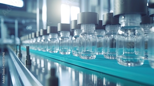 Medical vials drug and vaccine on production line at pharmaceutical factory, Pharmaceutical machine working pharmaceutical glass bottles production line, Generative AI