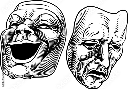 Theater or theatre drama comedy and tragedy masks in a vintage woodcut etching style