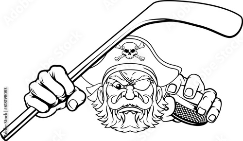 A pirate hockey sports mascot cartoon character holding a stick and puck