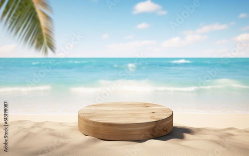Wooden platform podium with a beach in the background, product presentation background © Medard