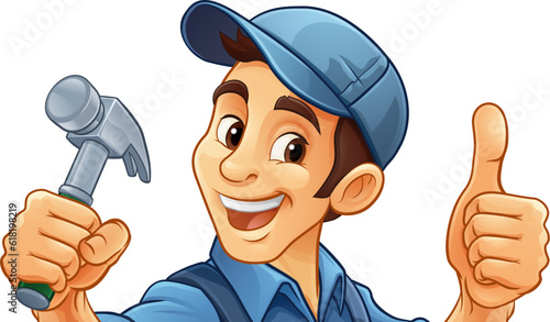 A handyman or carpenter cartoon construction man mascot character holding a hammer tool