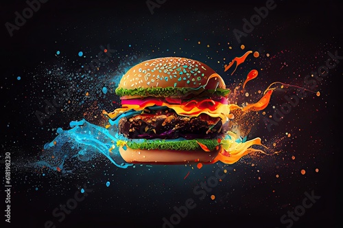 Flaming Hamburger With Blue And Red Flames Generative AI