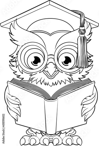 A wise owl bird cartoon cute character. Wearing a graduation, convocation or professor teacher mortar board cap or hat and glasses. Reading a book.