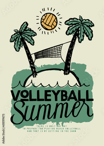 Volleyball summer. Tiny tropical island with net between the palm-trees and volleyball shining in the sky.