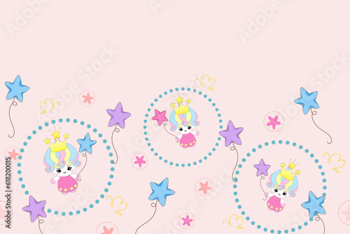 Unicorn seamless pattern background template. Print template with rainbow, star, moon. Princess unicorn with crown. Copy space.