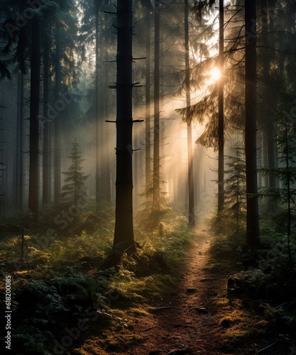 Sunlight Streaming through a Mystical Forest Pathway