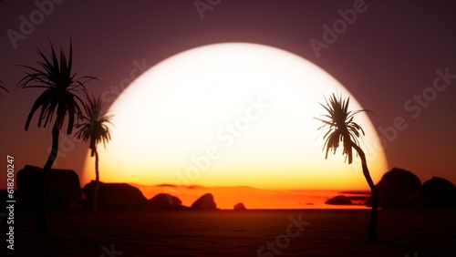  illustration of sun over ocean horizon with palm trees. Big orange sunrise down with waves sea holiday summer background in retro beautiful style