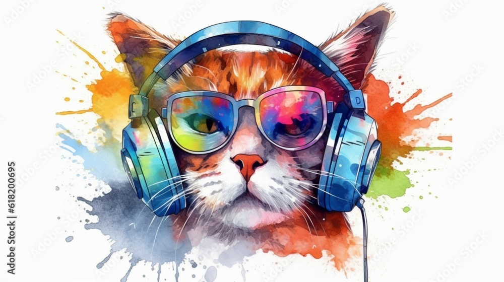 Cat in headphone with sunglasse in bright clothes draw.Generative AI