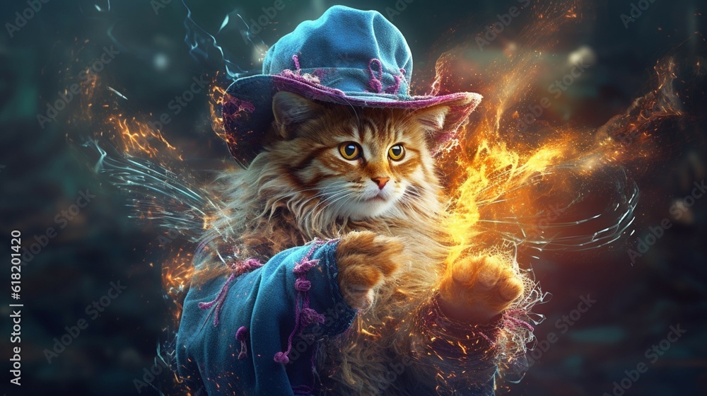 Fototapeta cat wizard casting spell illustration.Generative AI