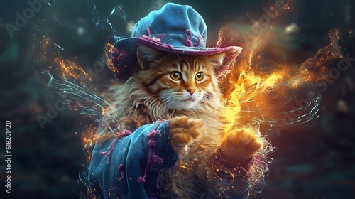 cat wizard casting spell illustration.Generative AI