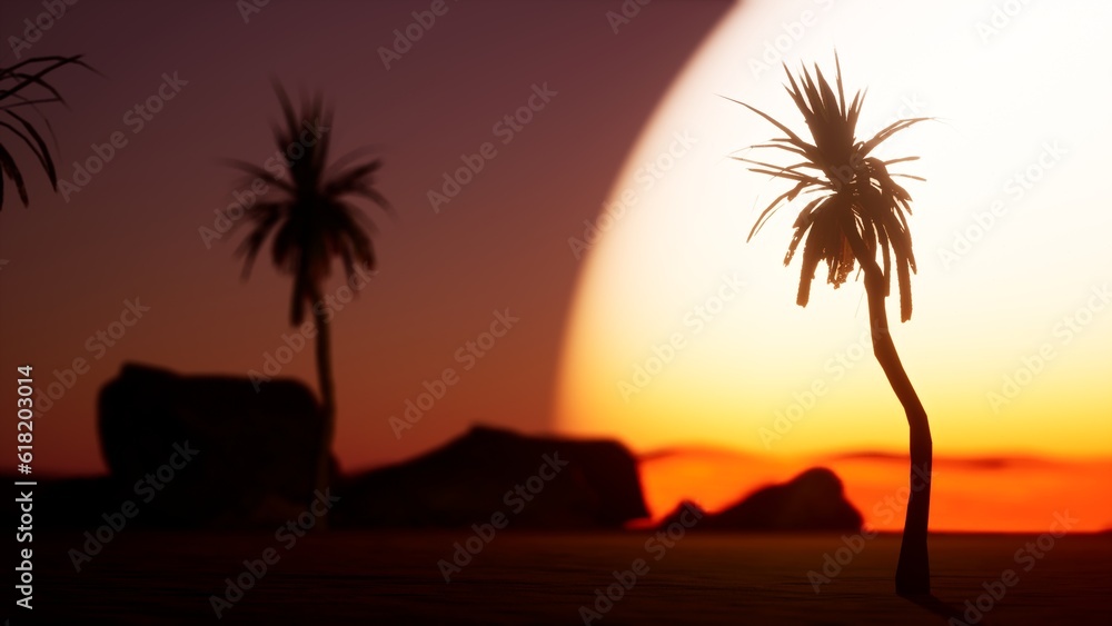 illustration of abstract sun down with blurred sun and ocean. Palm in front is sharp in focus. Summer holiday beautiful background with waves in sea. Big sun backdrop