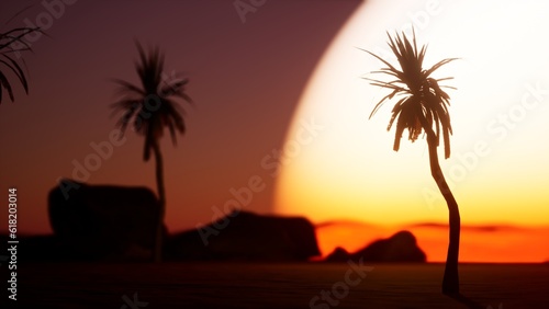 illustration of abstract sun down with blurred sun and ocean. Palm in front is sharp in focus. Summer holiday beautiful background with waves in sea. Big sun backdrop