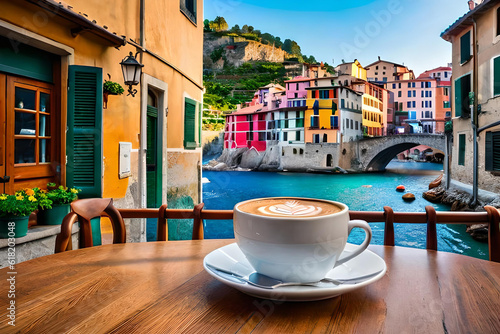 Photo colorful illustration of a coffee mug  at the italian restaurant terrace , typic