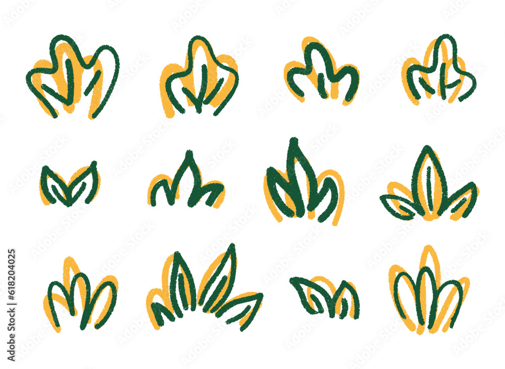 Set of green hand drawn leaves with pencil texture and yellow backing Set of green hand drawn leaves with pencil texture and yellow backing