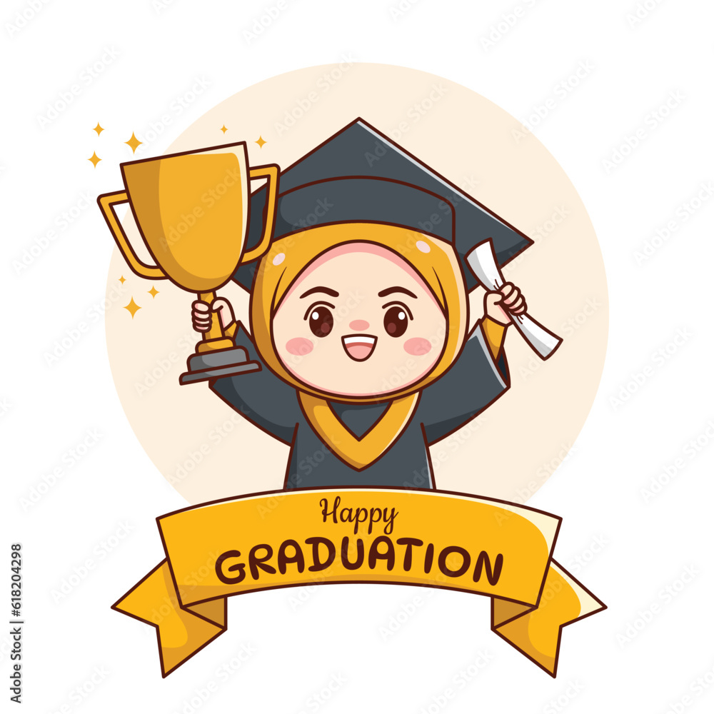 Banner or ribbon happy graduation muslim hijab girl holding trophy and paper cute kawaii chibi cartoon