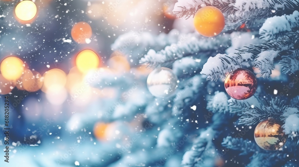 Fototapeta premium Christmas winter blurred background. Xmas tree with snow decorated, holiday festive background. New year Winter design. generative ai