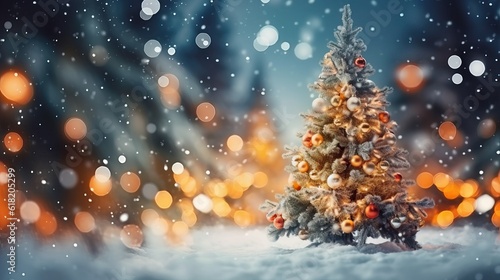 Christmas winter blurred background. Xmas tree with snow decorated, holiday festive background. New year Winter design. generative ai © megavectors