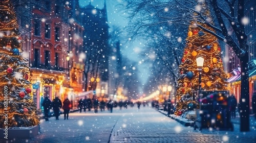 city street Christmas winter blurred background. Xmas tree with snow decorated with garland lights, holiday festive background. Widescreen backdrop. New year Winter. generative ai © megavectors