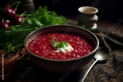 Red borscht with sour cream photo