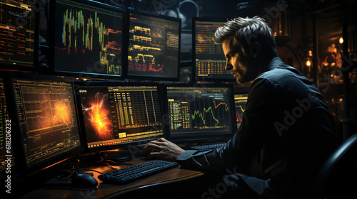 Trader focusing on charts with a reflection, in the style of yombe art, bokeh, sharp and edgy compositions