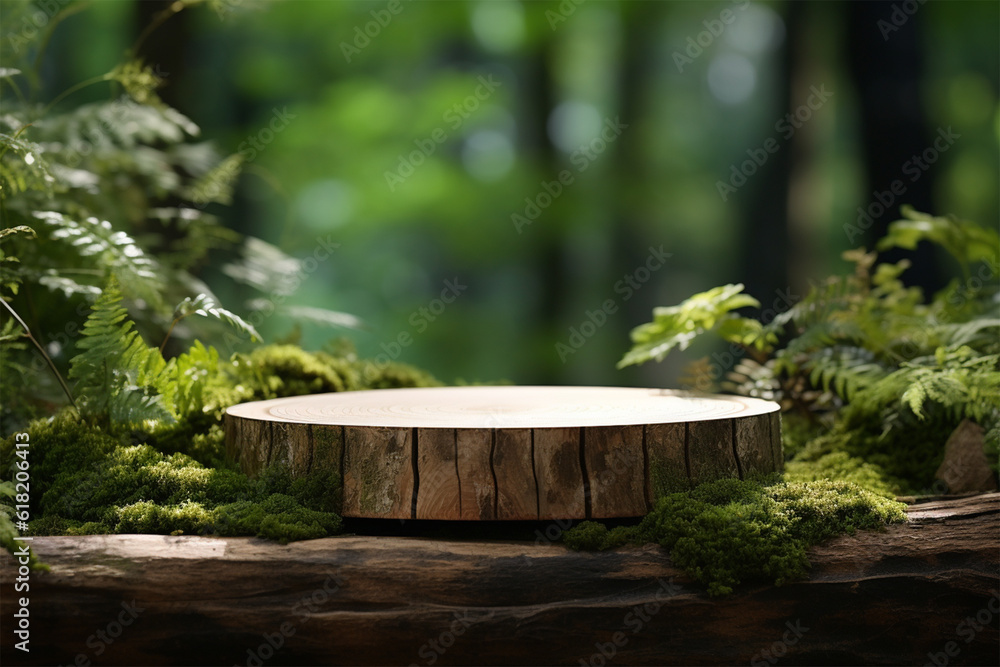 Wooden product display podium with green nature garden background Wooden product display podium with green nature garden background