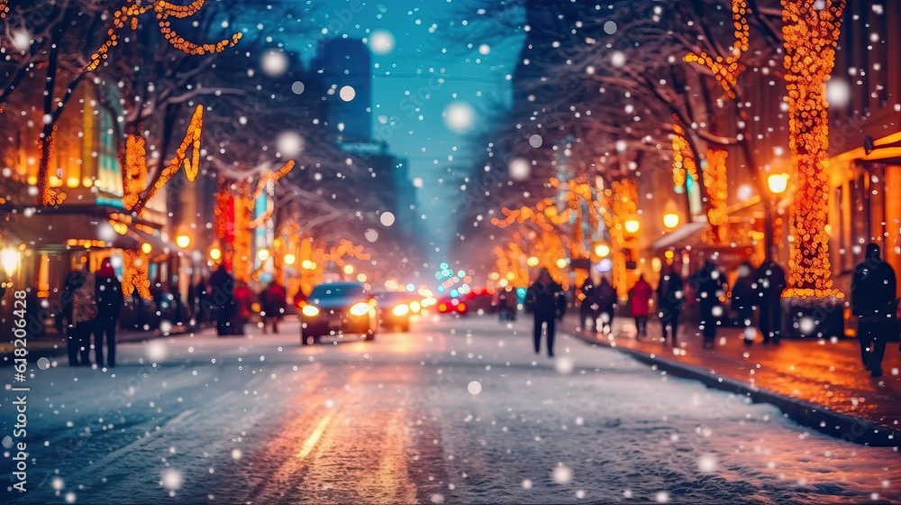 city street Christmas winter blurred background. Xmas tree with snow decorated with garland lights, holiday festive background. Widescreen backdrop. New year Winter. 