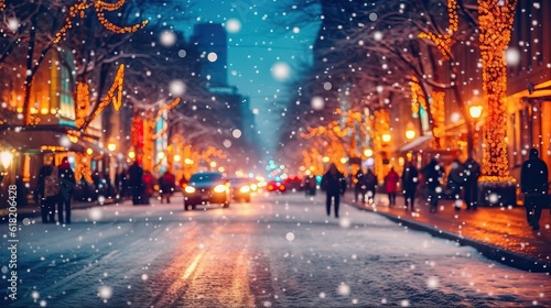 city street Christmas winter blurred background. Xmas tree with snow decorated with garland lights, holiday festive background. Widescreen backdrop. New year Winter. 