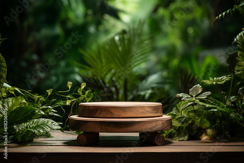 Wooden product display podium with green nature garden background