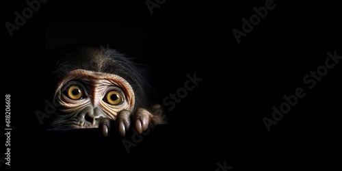 Mischievous monkey peeks around a corner with copy space on plain black background, concept of Primate behavior, created with Generative AI technology