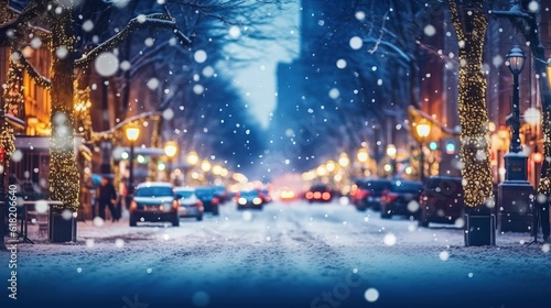 city street Christmas winter blurred background. Xmas tree with snow decorated with garland lights, holiday festive background. Widescreen backdrop. New year Winter.  © megavectors