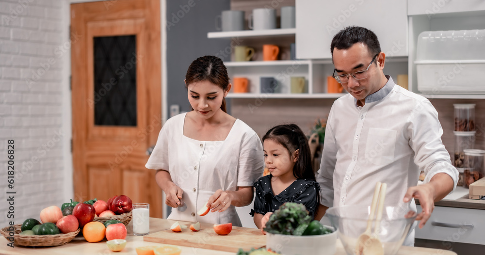 The family members happily and playfully prepare a bowl of various types of fruity and vegetable salad. Making quirky faces, joking, laughing, smiling, can create a good mood and positive atmosphere. The family members happily and playfully prepare a bowl of various types of fruity and vegetable salad. Making quirky faces, joking, laughing, smiling, can create a good mood and positive atmosphere.