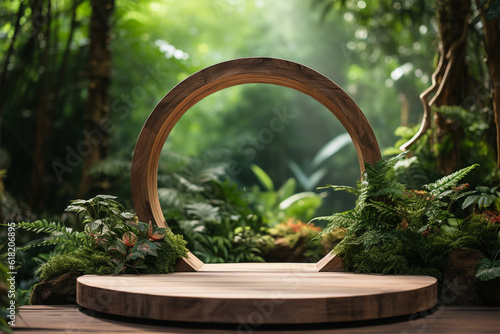 Wooden product display podium with green nature garden background