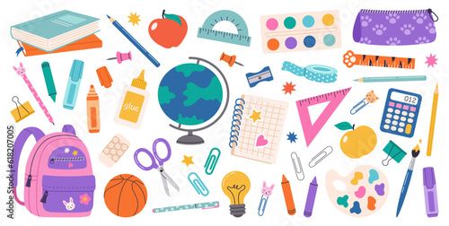 Set of school supplies. Back to school. Vector hand draw illustration in a flat cartoon style. Various accessories for study, student equipment. Cute school modern stickers.