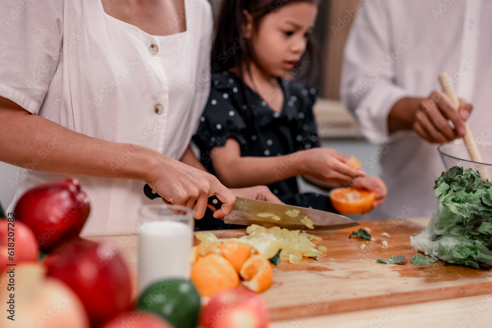 The family members happily and playfully prepare a bowl of various types of fruity and vegetable salad. Making quirky faces, joking, laughing, smiling, can create a good mood and positive atmosphere. The family members happily and playfully prepare a bowl of various types of fruity and vegetable salad. Making quirky faces, joking, laughing, smiling, can create a good mood and positive atmosphere.