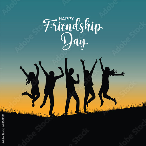 Happy international friendship day greeting card, back view of friends group. abstract vector illustration design