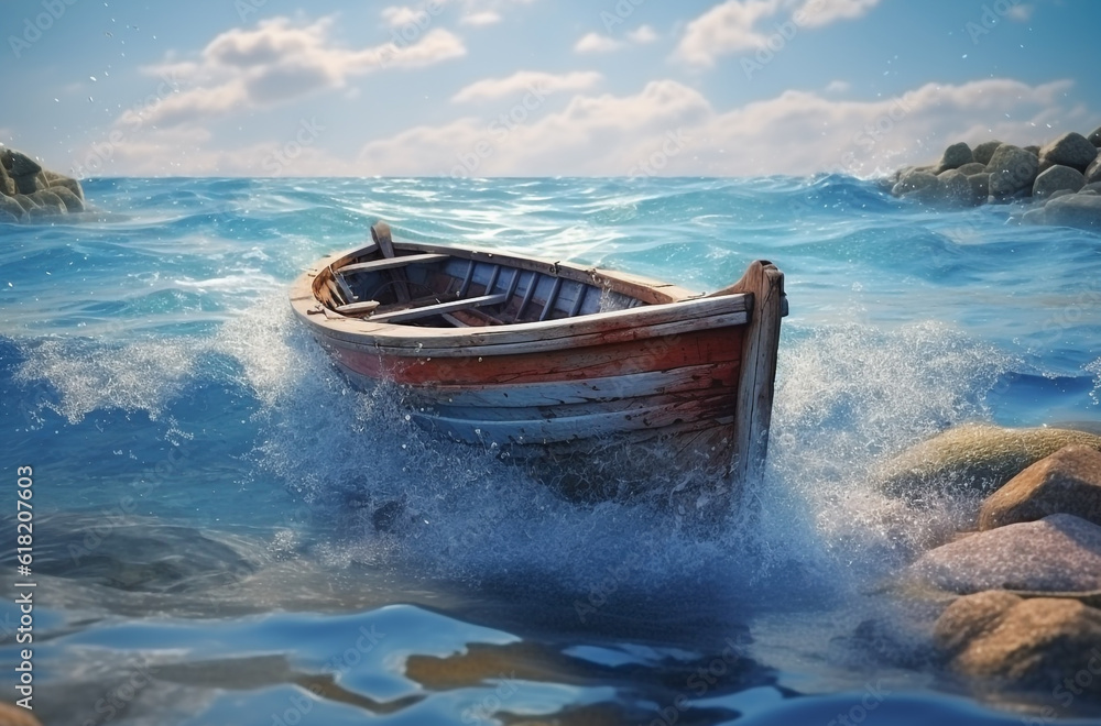 Vieille barque au bord d'une mer déchaînée Stock Photo | Adobe Stock