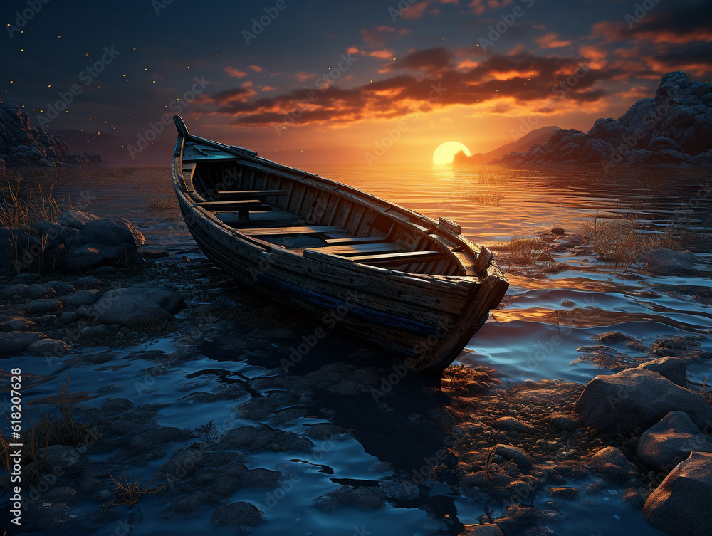 Belle barque ancienne en bois et soleil couchant Stock Illustration ...