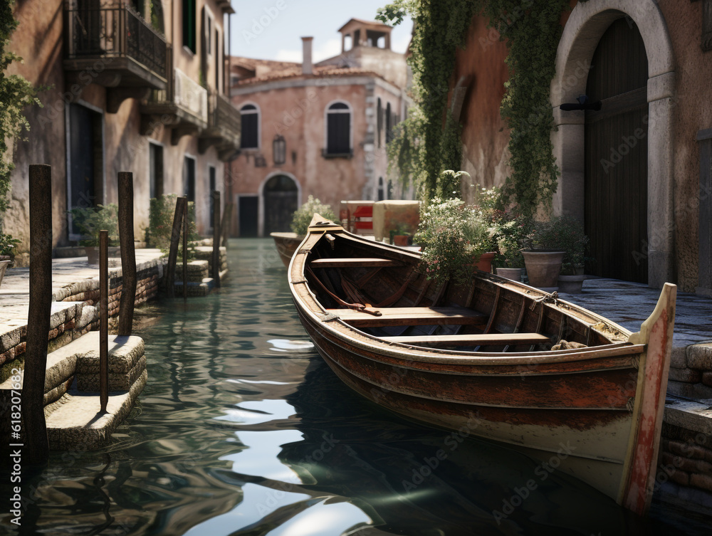 Barque attachée au dock d'une ville d'Italie romantique par une belle journée d'été