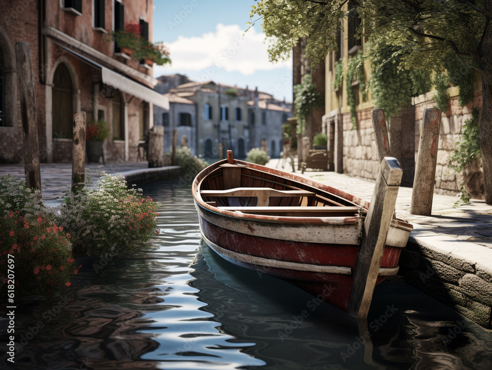 Barque attachée au dock d'une ville d'Italie romantique par une belle journée d'été