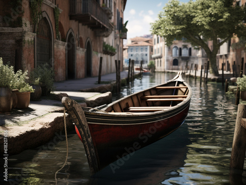 Barque attachée au dock d'une ville d'Italie romantique par une belle journée d'été © HKTR-atelier