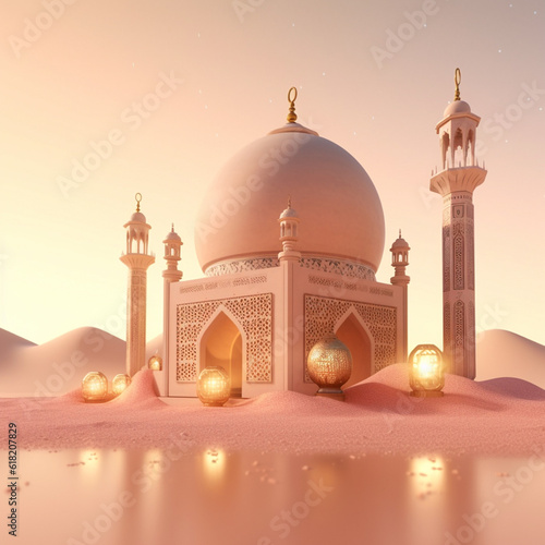 Islamic decoration background with lantern and Desert illustration Genarated AI