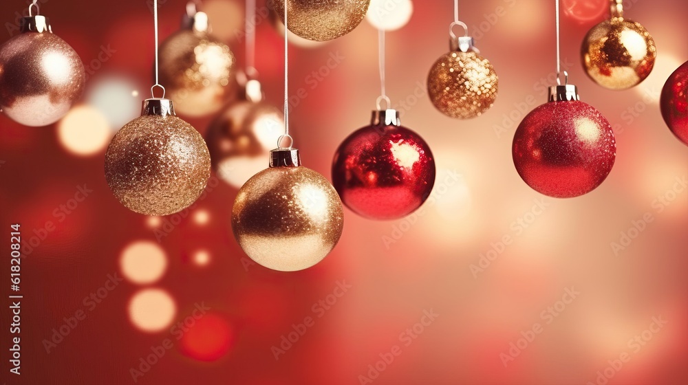 Christmas background. Hanging decorative baubles ball holiday design elements. Festive background with christmas ornament decoration, Copy space. banner and poster. generative ai Christmas background. Hanging decorative baubles ball holiday design elements. Festive background with christmas ornament decoration, Copy space. banner and poster. generative ai