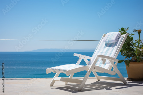 White deck chair on terrace with stunning sea view. 