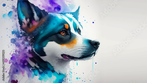 Watercolor Animal Illustration with Beautiful Dog Head on White Background. Aquarel Painted Style Pet Wallpaper Design for Banner, Poster, Invitation or Cover.