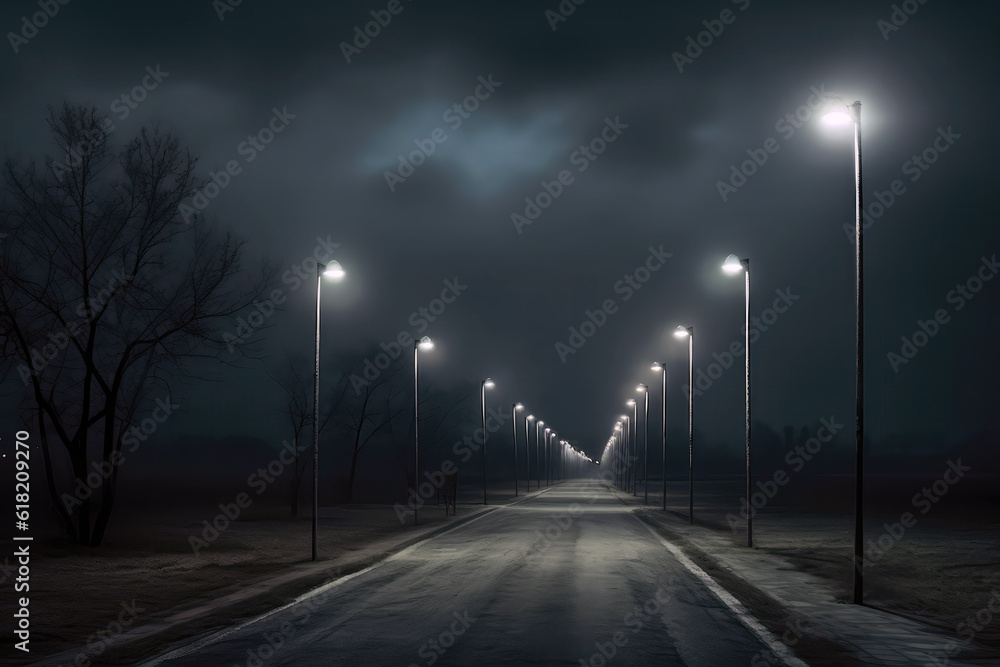Row Of Streetlights Along Deserted Road, Showcasing Linear Perspective. Generative AI