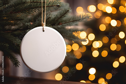 Christmas blank round ornament. Mock up of Christmas round sign, ornament.