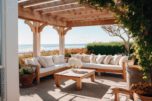 Coastal Outdoor Patio With Wicker Furniture And Coastalinspired Pergola Coastal Interior Design. Generative AI