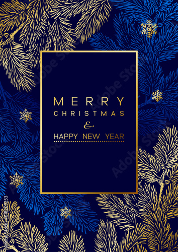 Christmas Poster with golden pine branches on dark blue background. New year illustration.