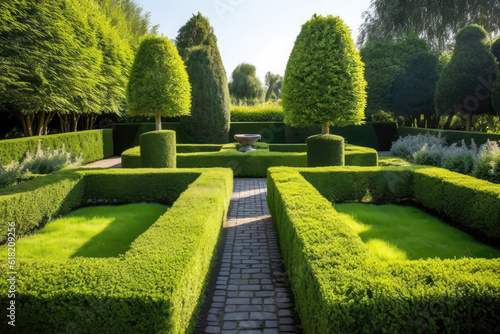 Modern  Geometric Lawn With Neatly Trimmed Hedges And Topiaries. Generative AI